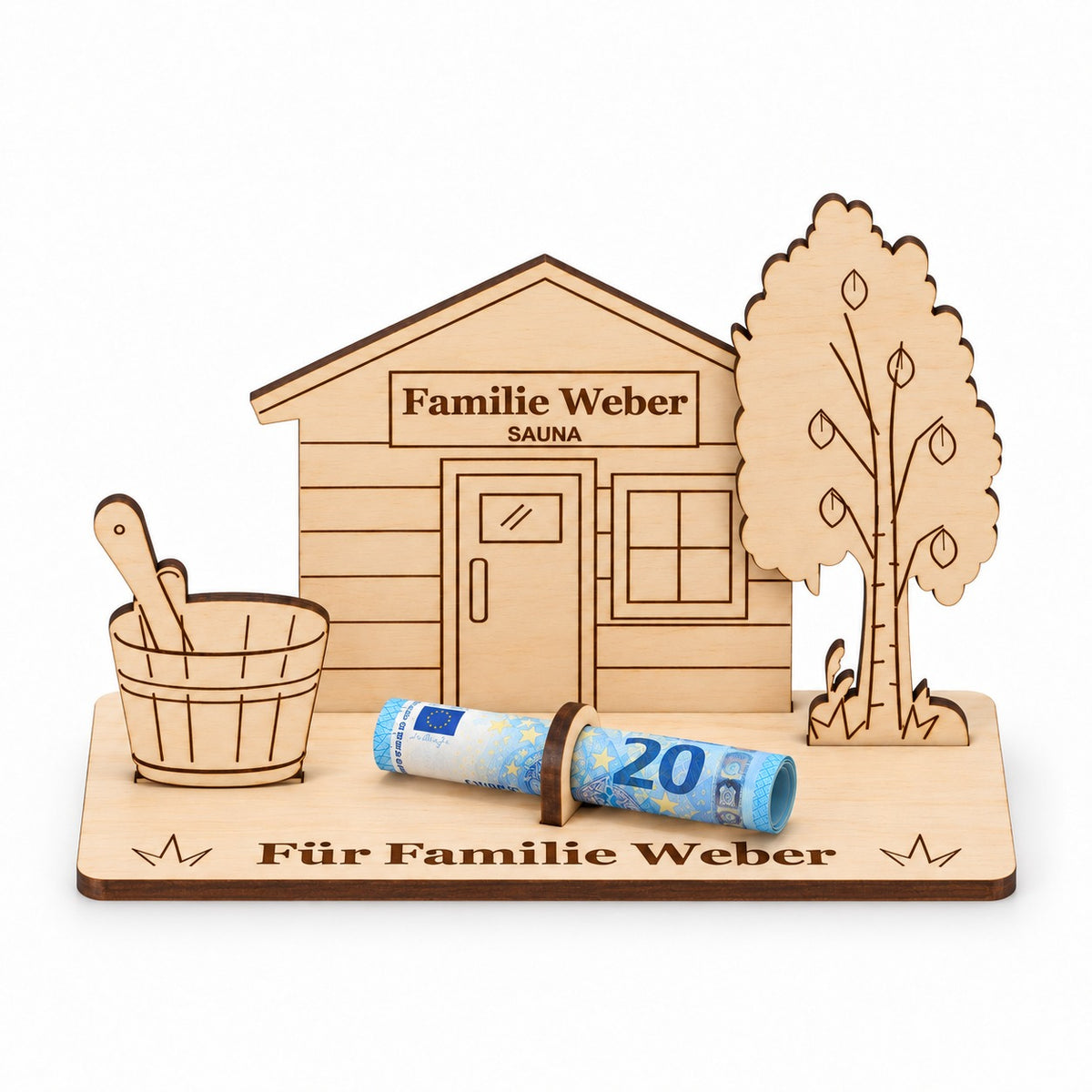 Sauna Geschenk: Gartensauna aus Holz mit Schild Familie Weber, Saunaeimer, Birke und Gravur Für Familie Weber