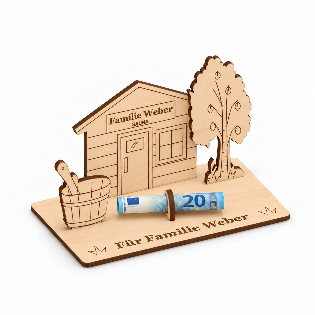 Sauna Geldgeschenk mit gerolltem Geldschein, Ansicht von links