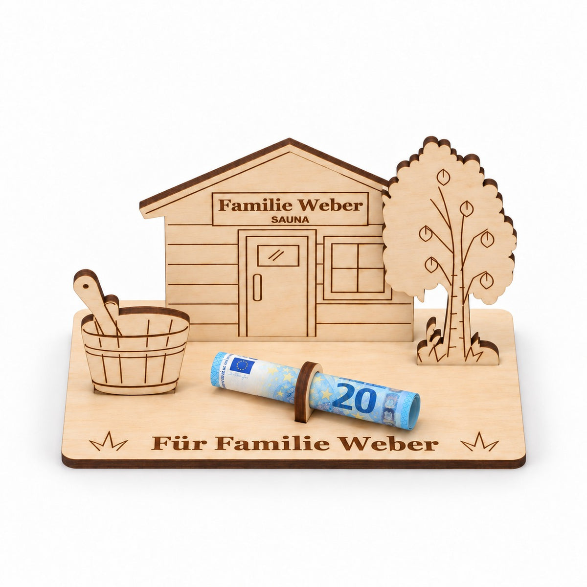 Gartensauna aus Holz als Geldgeschenk mit Namen, Ansicht von oben