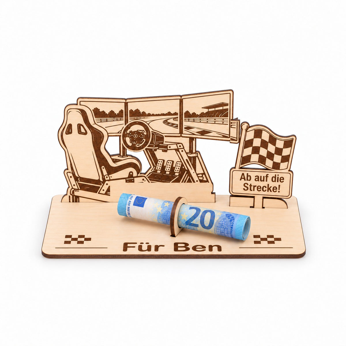 Sim Racing Geschenk: Cockpit aus Holz mit Schild Ab auf die Strecke und Gravur Für Ben