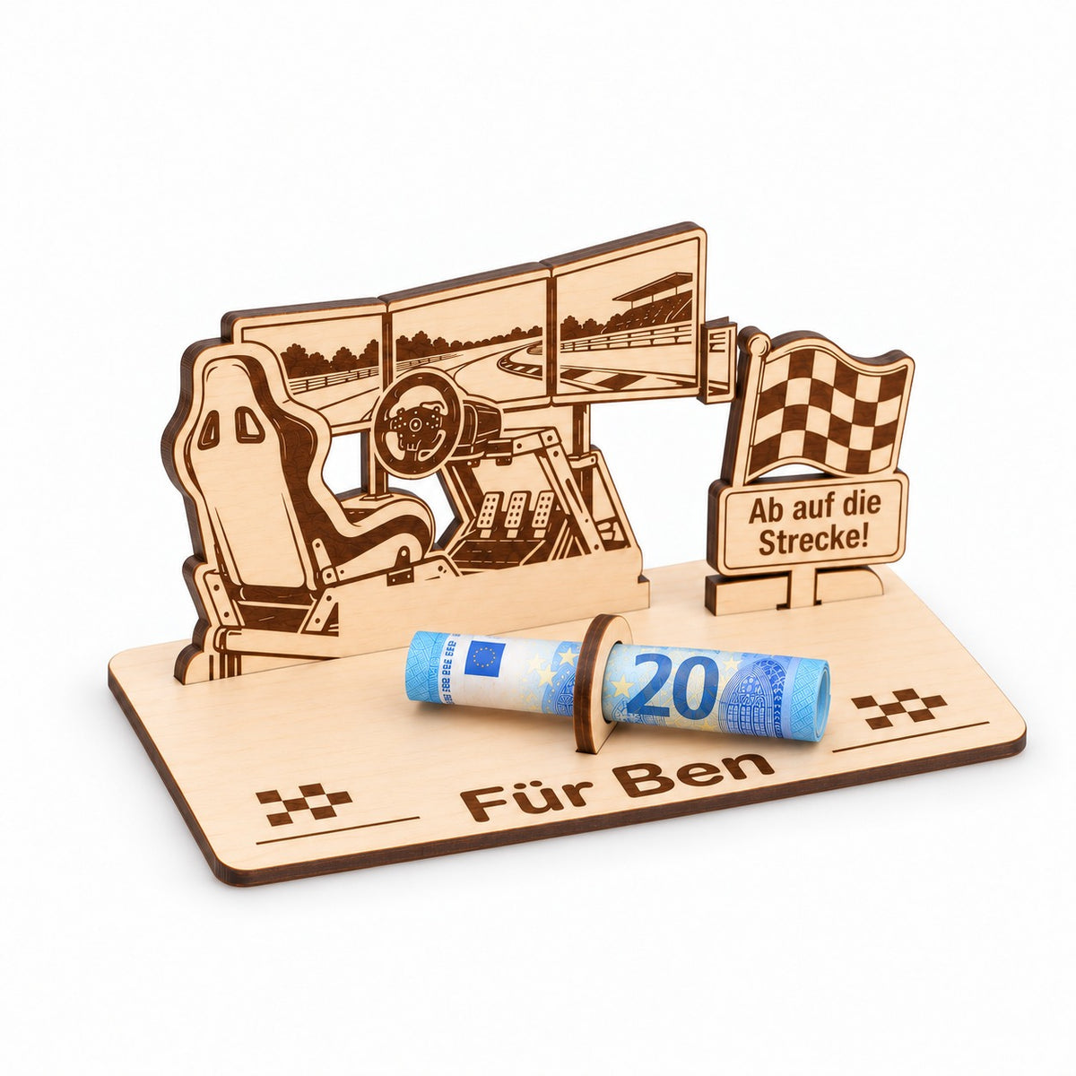 Simracing Geldgeschenk mit Zielflagge und gerolltem Geldschein, Ansicht von links