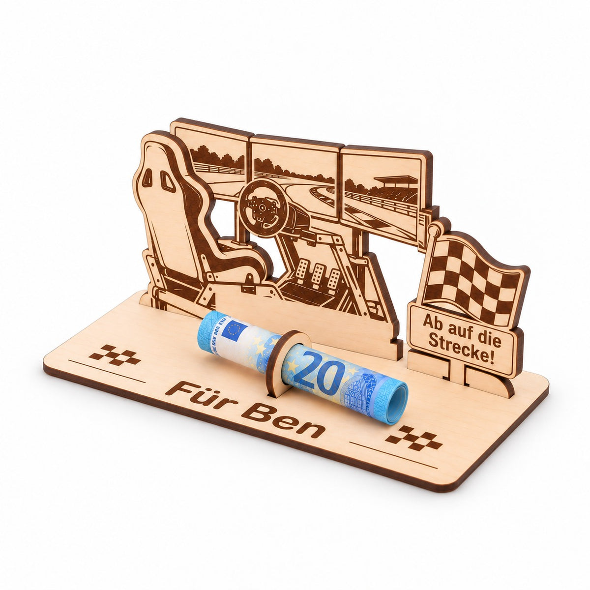 Simracing-Cockpit aus Holz als Geldgeschenk, Ansicht von rechts