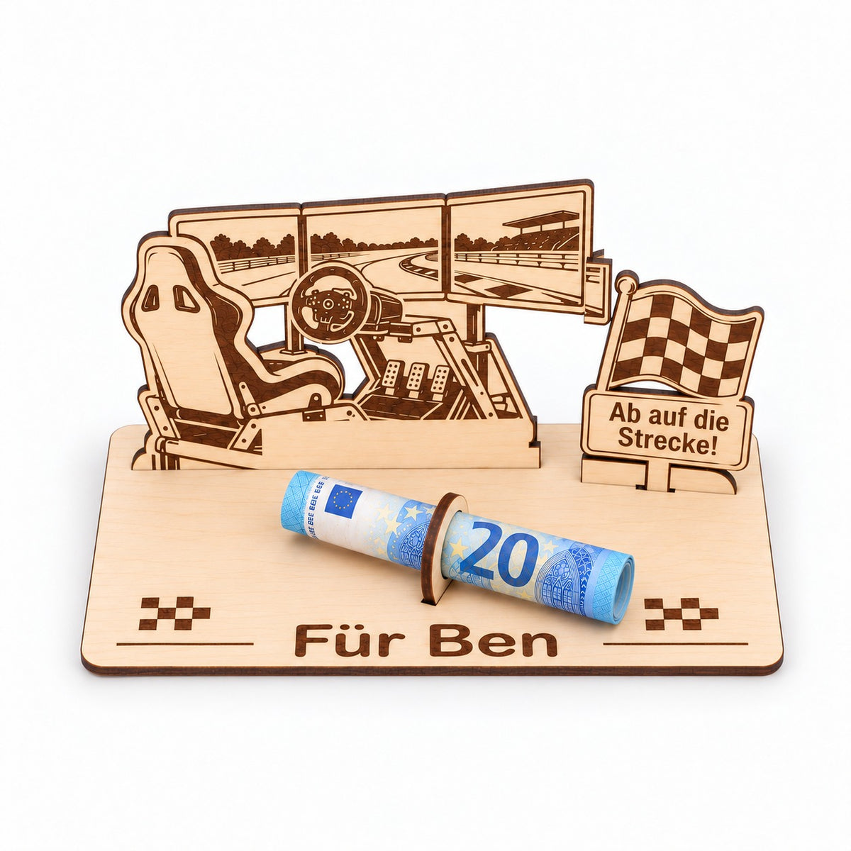 Geldgeschenk für Sim-Racer mit graviertem Namen, Ansicht von oben