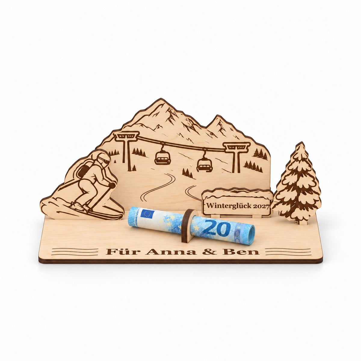 Geldgeschenk Skiurlaub: Winterhang mit Skilift und Skifahrer aus Holz, Schild „Winterglück 2027“ und Gravur Für Anna & Ben