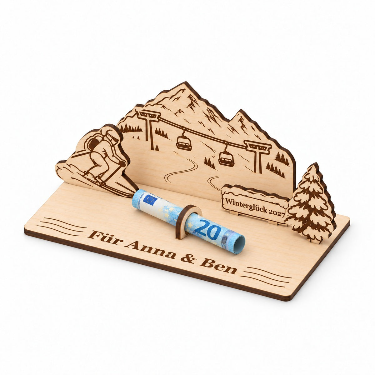 Skilift und Tanne aus Holz als Geldgeschenk, Ansicht von rechts