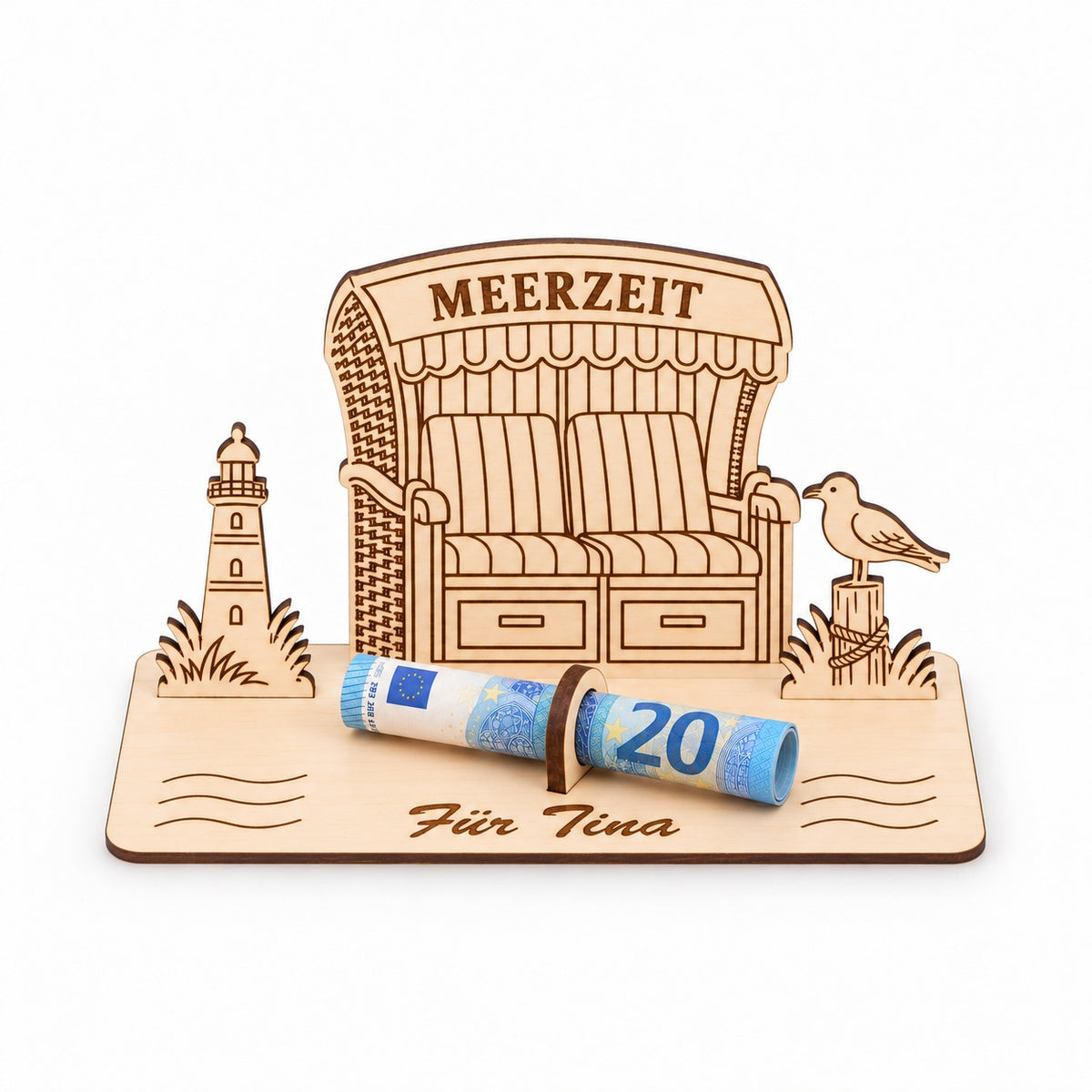 Geldgeschenk Urlaub am Meer: Strandkorb aus Holz mit Schriftzug Meerzeit und Gravur Für Tina