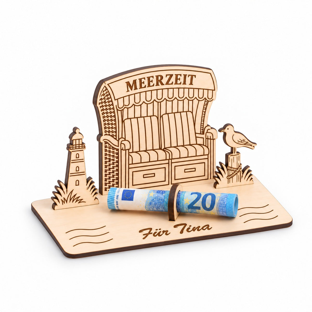 Meerzeit Geldgeschenk mit Leuchtturm, Möwe und gerolltem Geldschein, Ansicht von links