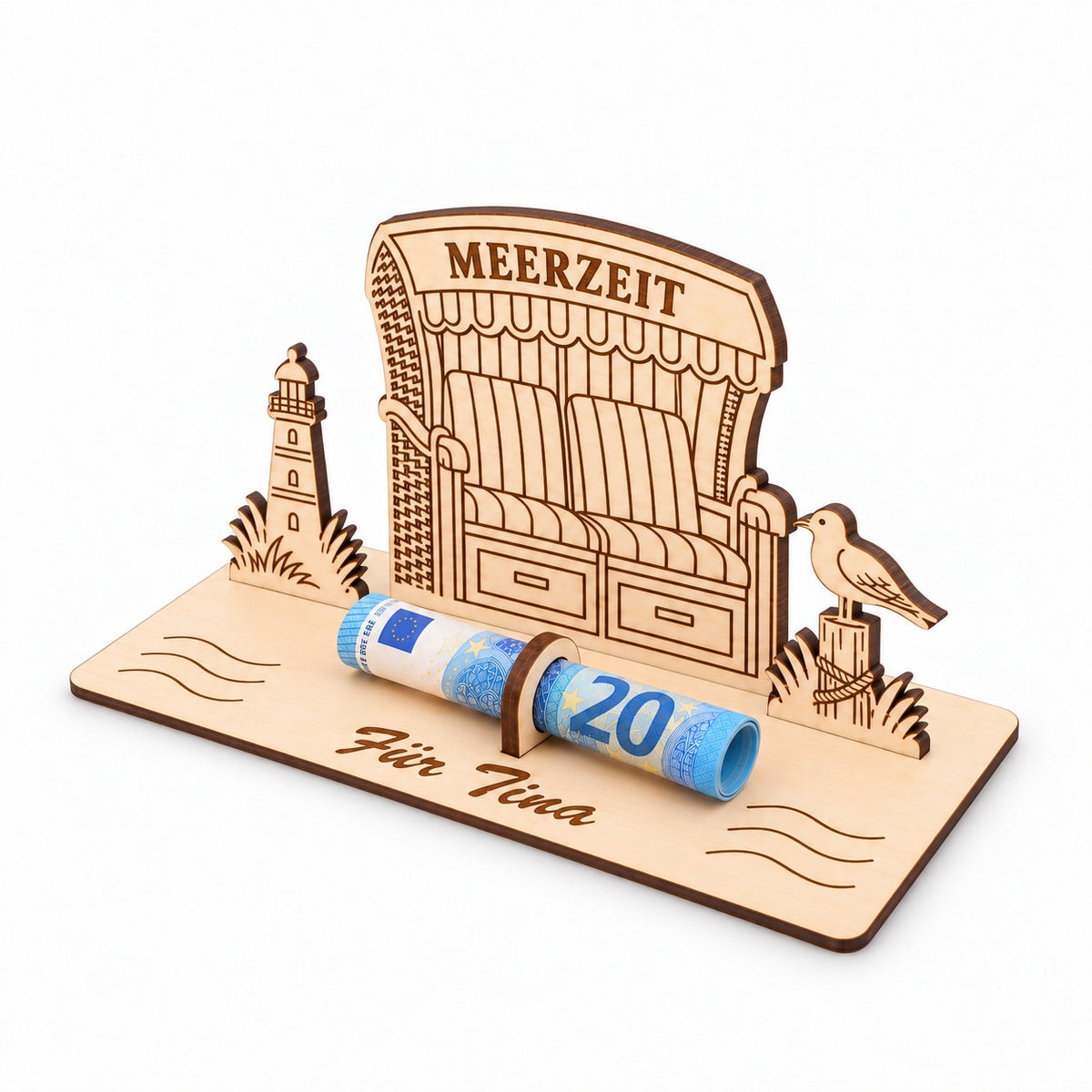 Strandkorb aus Holz als Reisegeld-Geschenk, Ansicht von rechts