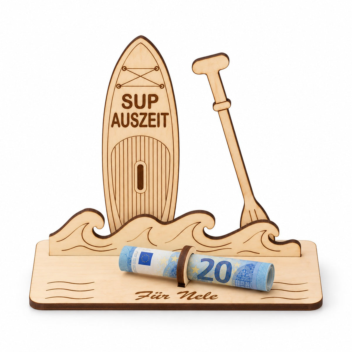 SUP Geschenk: Stand-up-Paddle-Board aus Holz mit Schriftzug SUP Auszeit und Gravur Für Nele