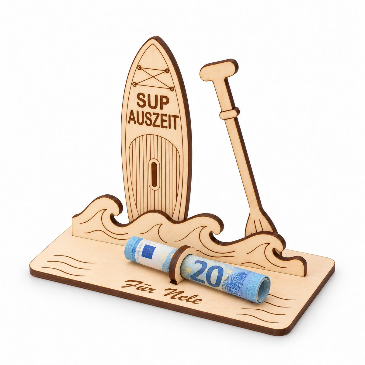 Stand-up-Paddle aus Holz als Geldgeschenk mit Namen, Ansicht von rechts