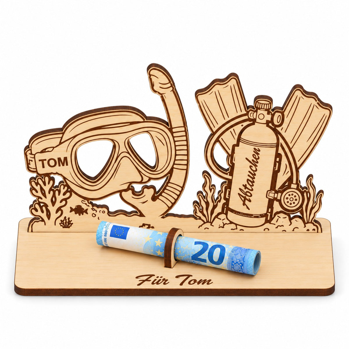 Geschenk für Taucher: Geldgeschenk aus Holz mit Tauchmaske, Maskenband TOM, Tauchflasche „Abtauchen“ und Gravur Für Tom