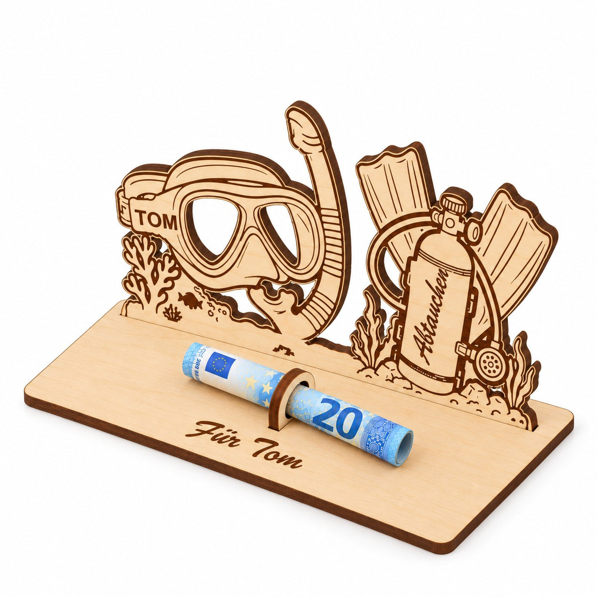 Tauchflasche und Flossen aus Holz als Geldgeschenk, Ansicht von rechts