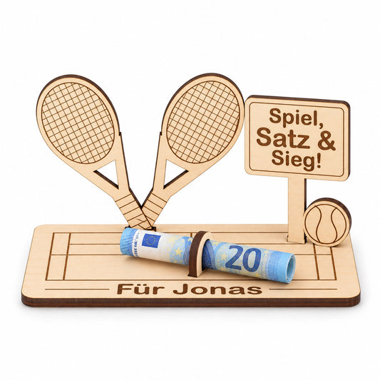 Tennis Geschenk: Tennisschläger aus Holz mit Schild Spiel Satz und Sieg und Gravur Für Jonas