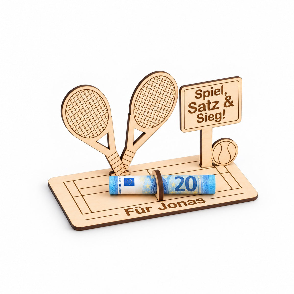 Tennis Geldgeschenk mit Tennisball und gerolltem Geldschein, Ansicht von links