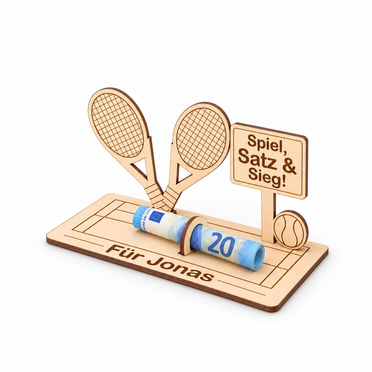 Geldgeschenk für Tennisspieler mit graviertem Tennisplatz, Ansicht von rechts