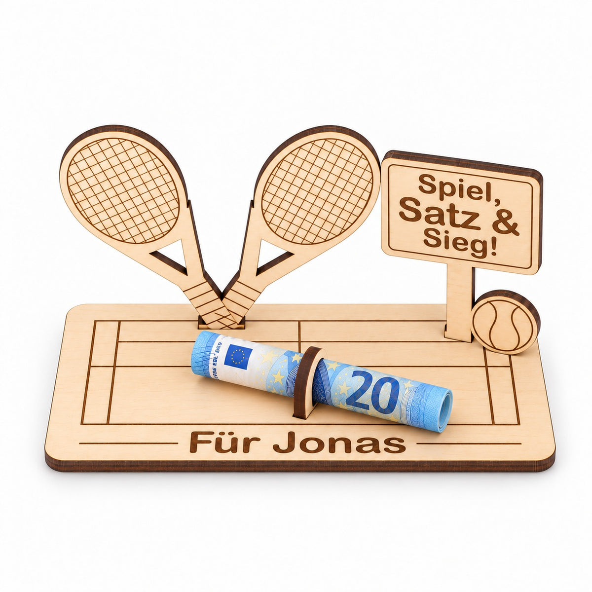 Tennisschläger aus Holz als Geldgeschenk mit Namen, Ansicht von oben