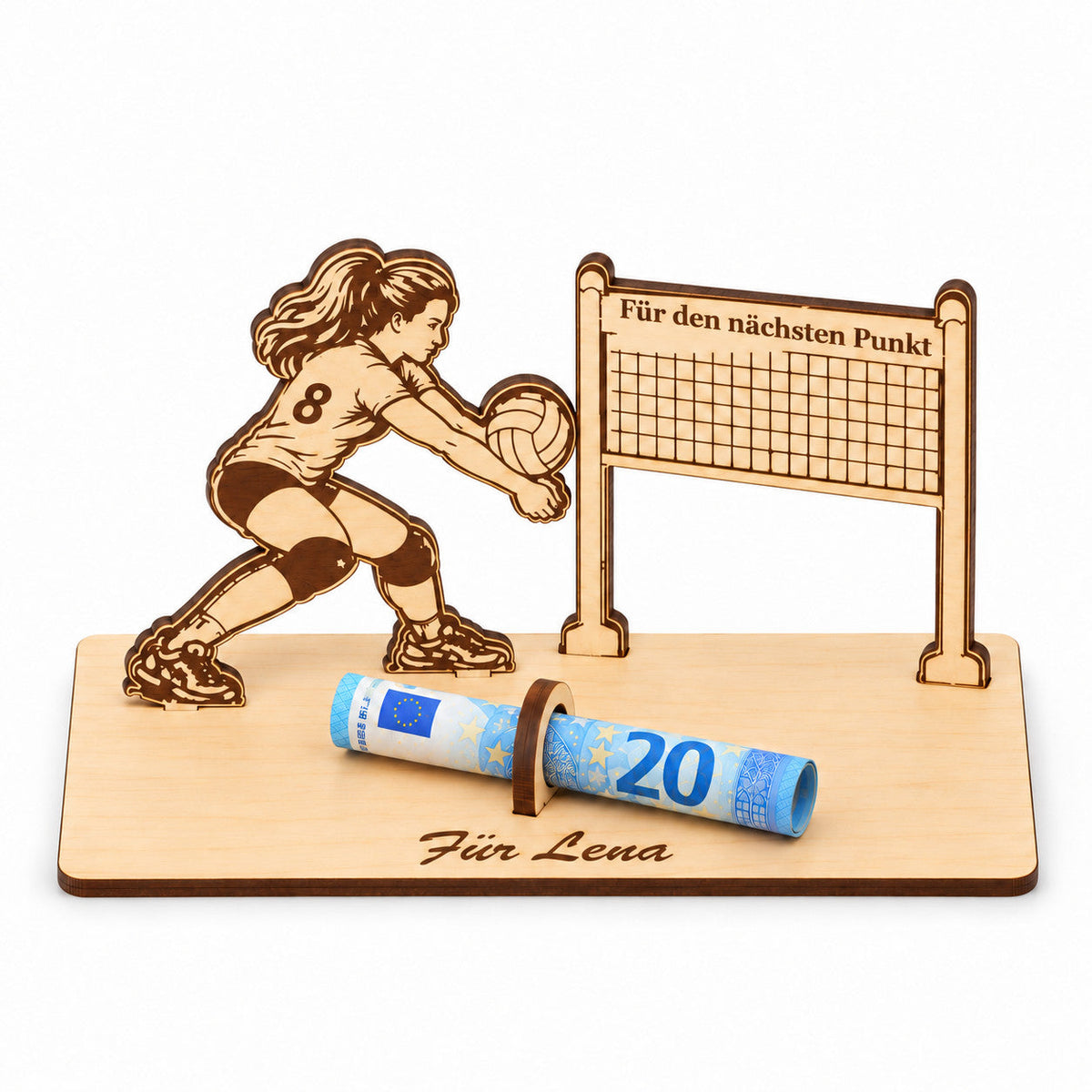 Volleyball Geschenk: Geldgeschenk aus Holz mit Spielerin (Rückennummer 8), Netz „Für den nächsten Punkt“ und Gravur Für Lena