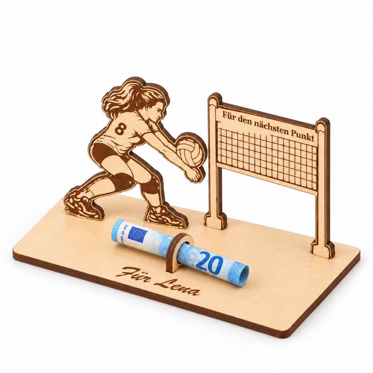 Volleyballnetz aus Holz als Geldgeschenk, Ansicht von rechts