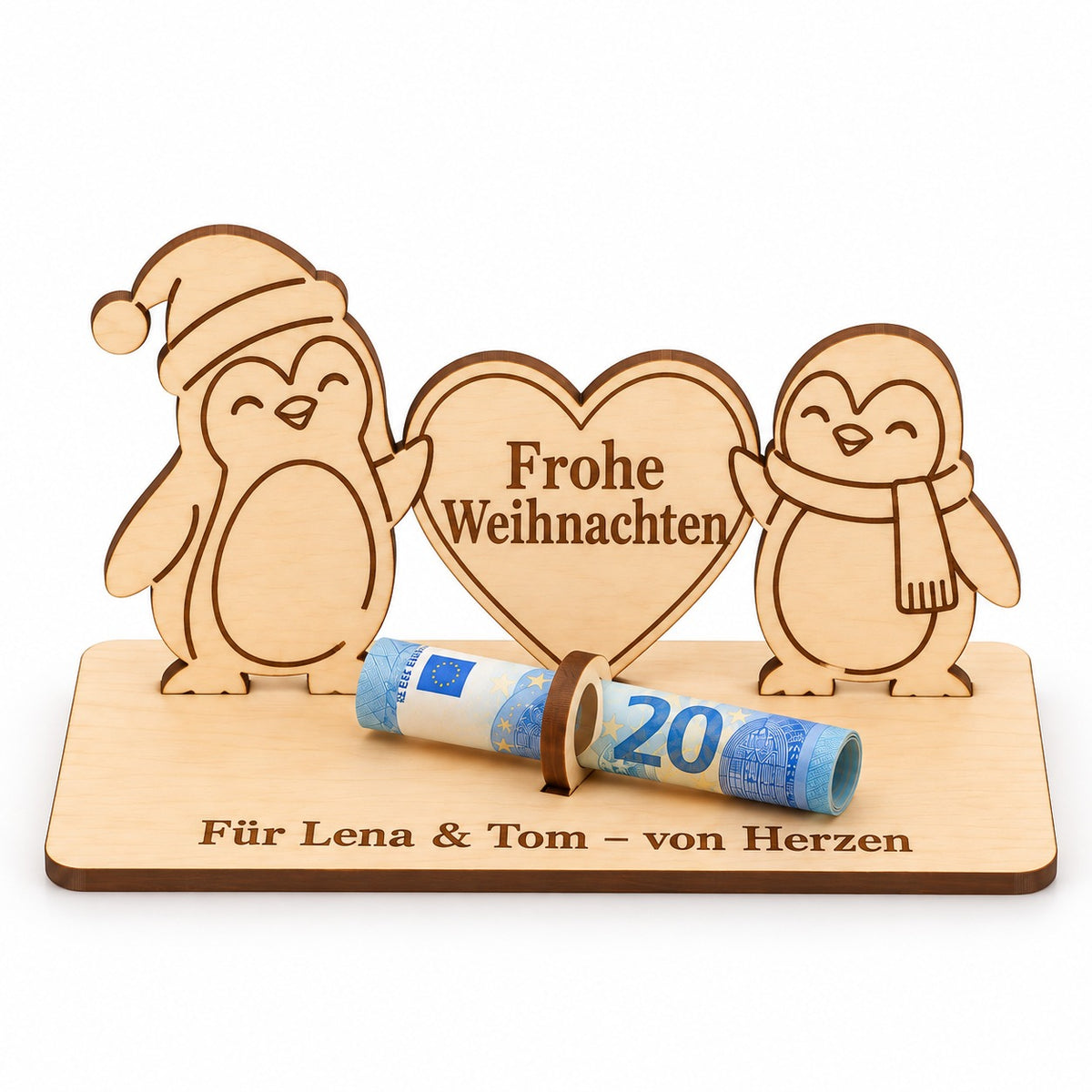 Weihnachtsgeschenk für Paare: Pinguinpaar aus Holz mit Herz, Schriftzug Frohe Weihnachten und Gravur Für Lena & Tom – von Herzen