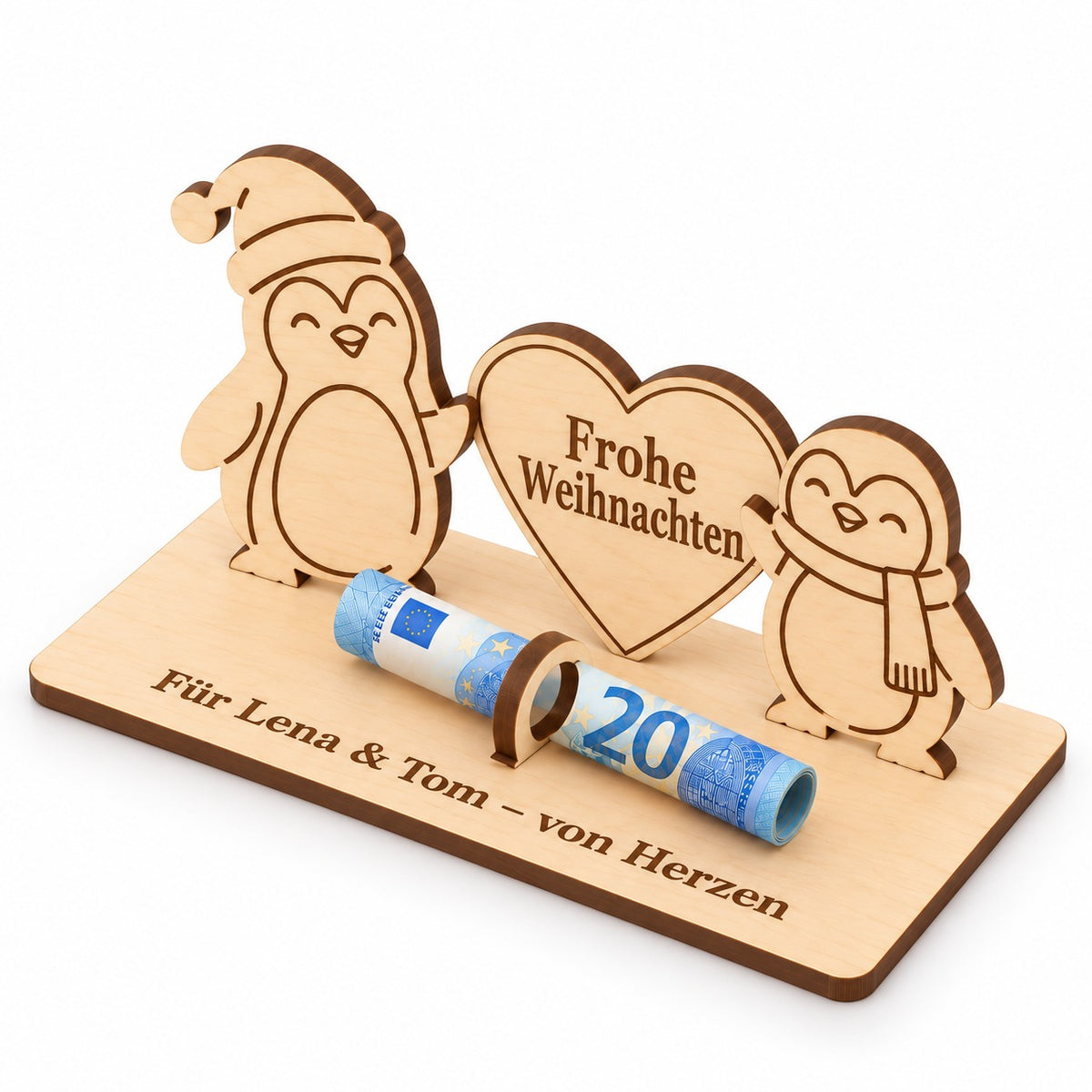 Geldgeschenk zu Weihnachten aus Holz mit zwei Pinguinen, Ansicht von rechts
