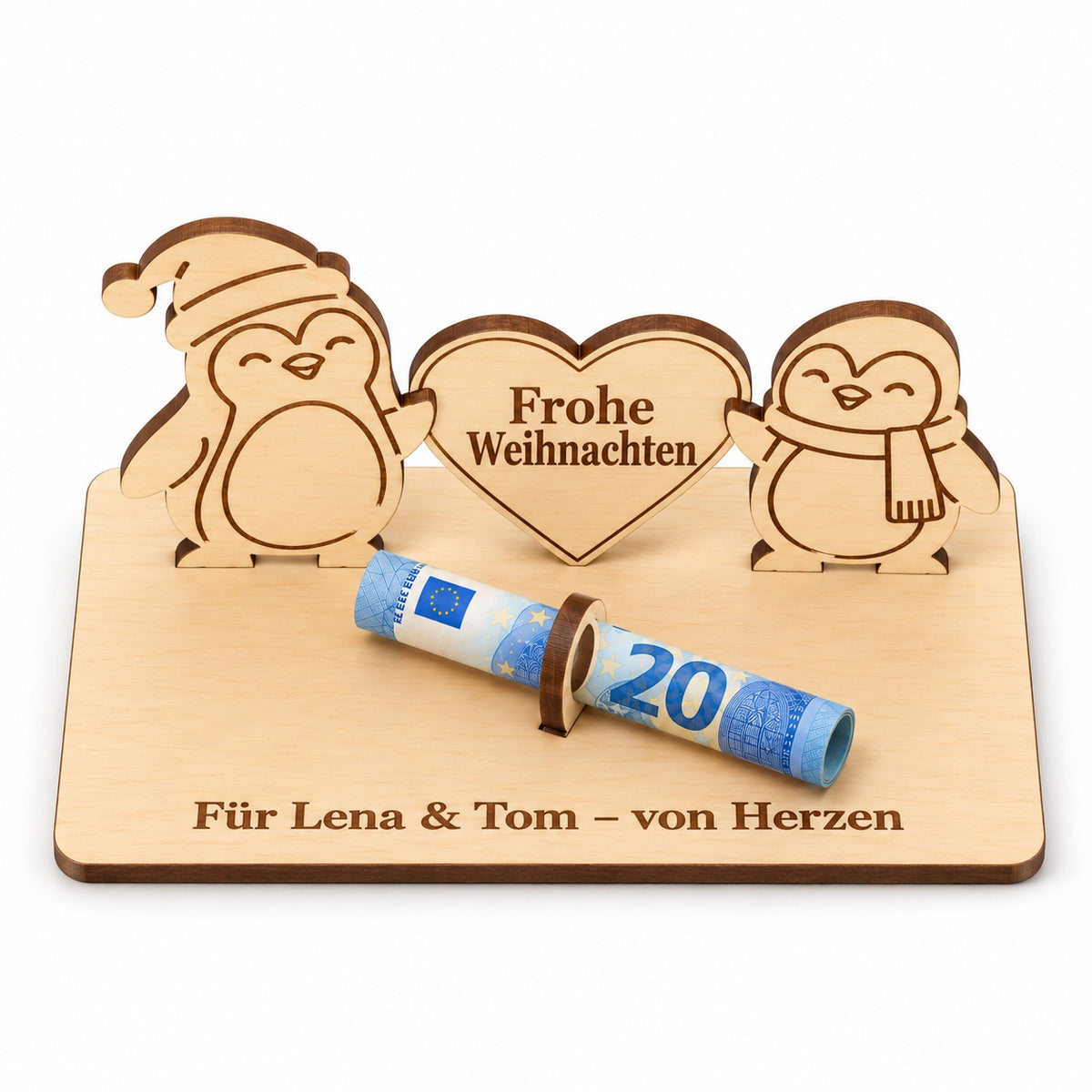 Pinguine aus Holz als Geldgeschenk für Paare mit Namen, Ansicht von oben