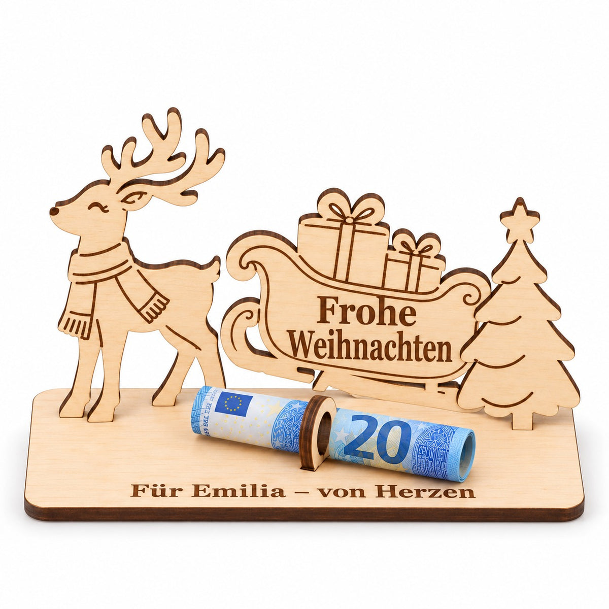 Weihnachtsgeschenk mit Rentier: Geldgeschenk aus Holz mit Schlitten, Schriftzug Frohe Weihnachten und Gravur Für Emilia – von Herzen