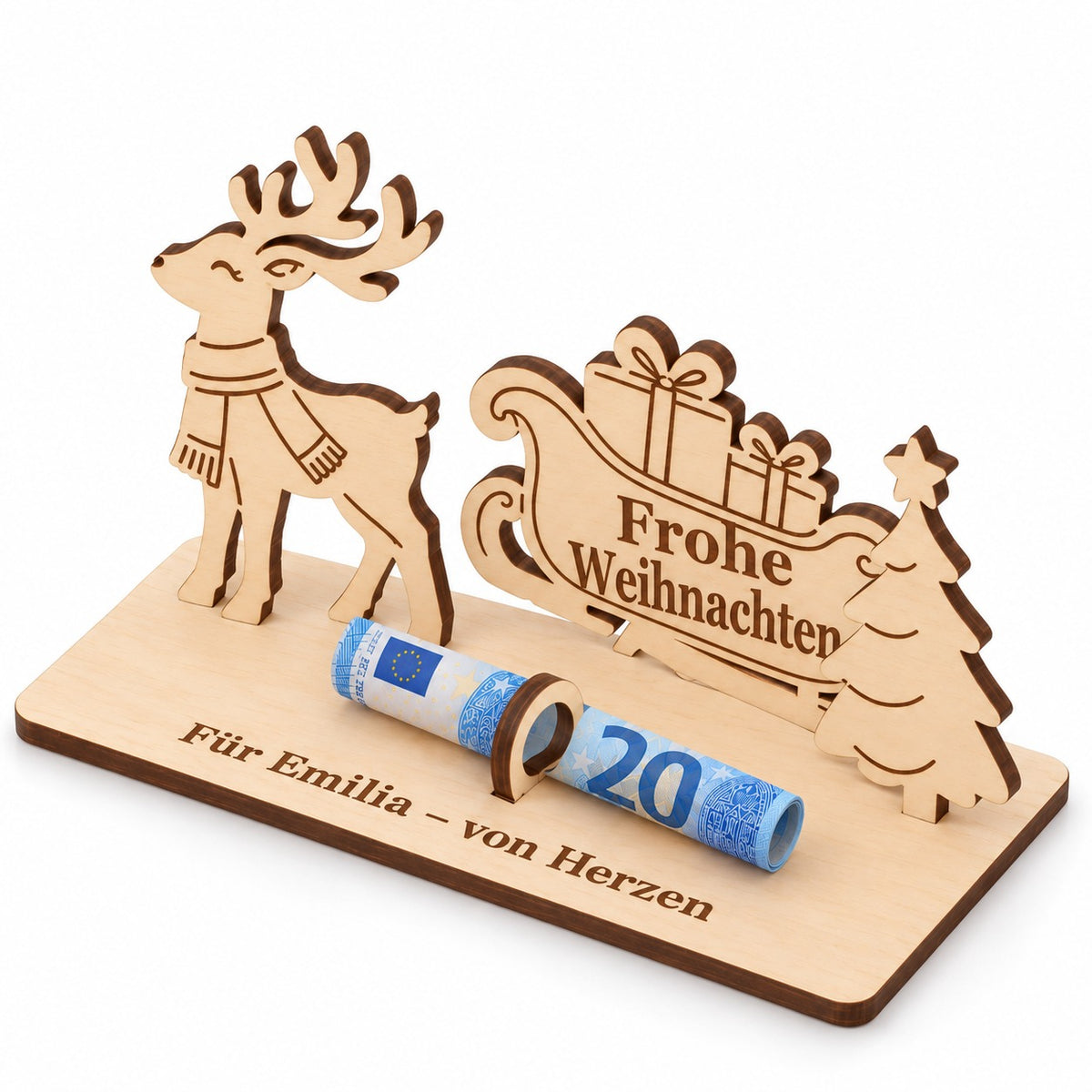 Geldgeschenk zu Weihnachten aus Holz mit Rentier und Tanne, Ansicht von rechts