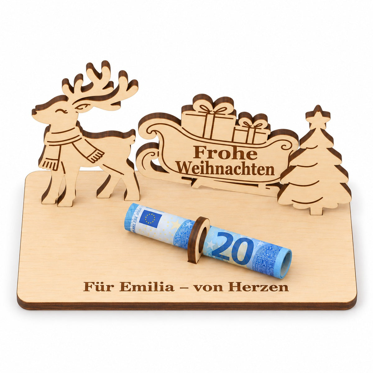 Rentier und Schlitten aus Holz als Geldgeschenk mit Namen, Ansicht von oben