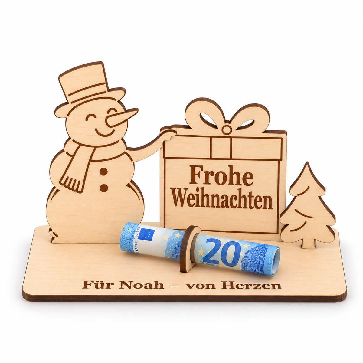 Schneemann Geschenk: Geldgeschenk aus Holz mit Schriftzug Frohe Weihnachten und Gravur Für Noah – von Herzen