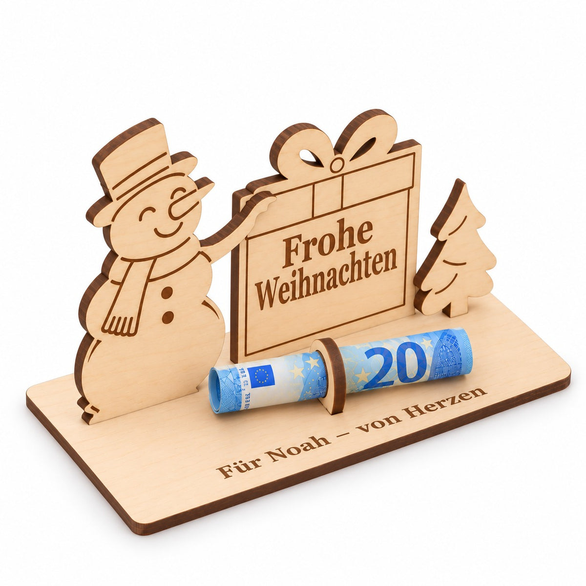 Schneemann Geldgeschenk mit Geschenk und gerolltem Geldschein, Ansicht von links