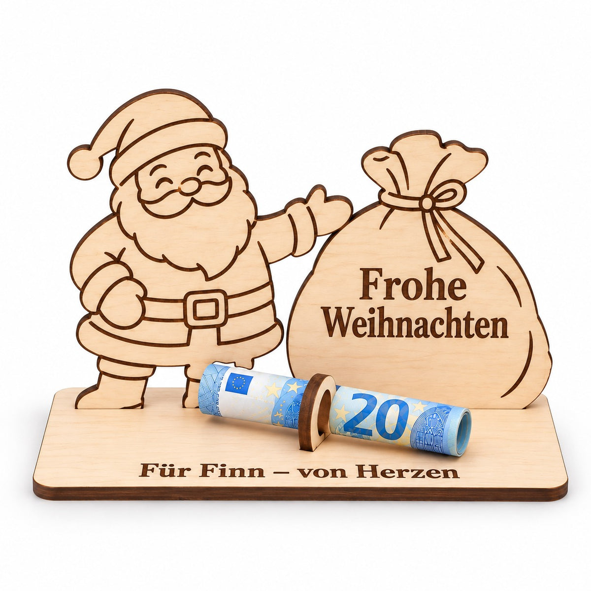 Geldgeschenk für Kinder zu Weihnachten: Weihnachtsmann aus Holz mit Geschenkesack, Schriftzug Frohe Weihnachten und Gravur Für Finn – von Herzen