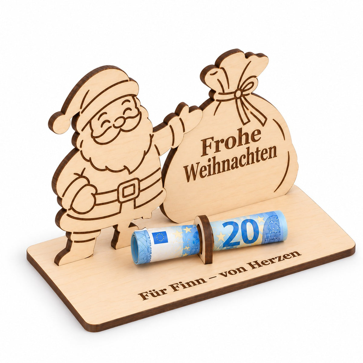 Weihnachtsmann Geldgeschenk mit gerolltem Geldschein, Ansicht von links