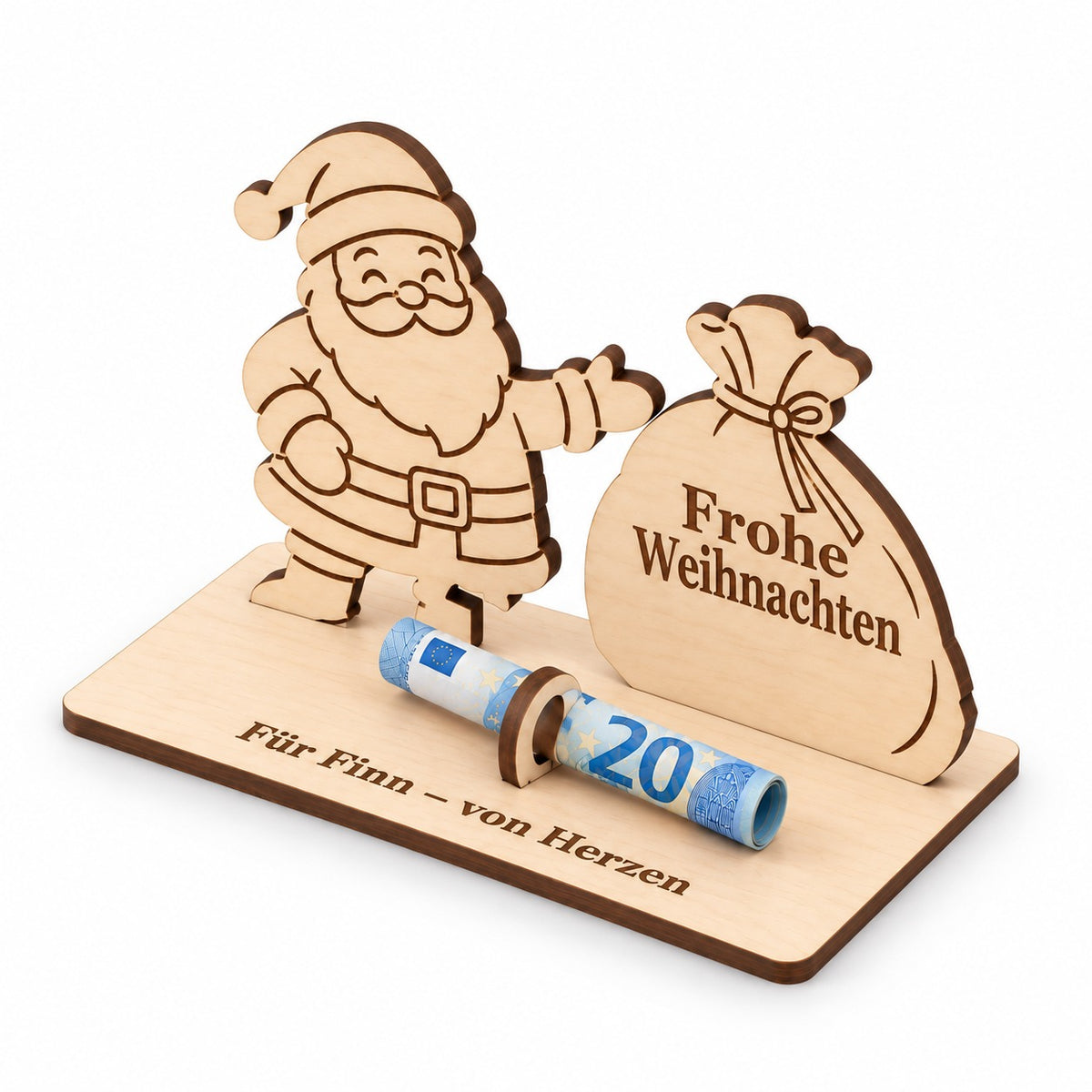 Geldgeschenk zu Weihnachten aus Holz mit Weihnachtsmann und Sack, Ansicht von rechts