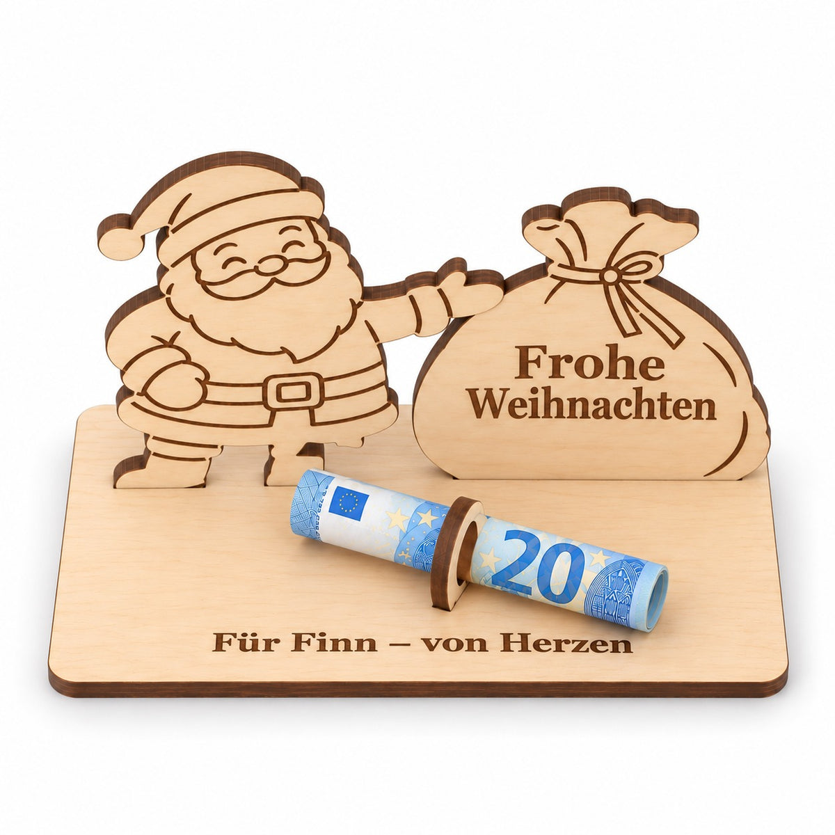 Weihnachtsmann aus Holz als Geldgeschenk mit Namen, Ansicht von oben