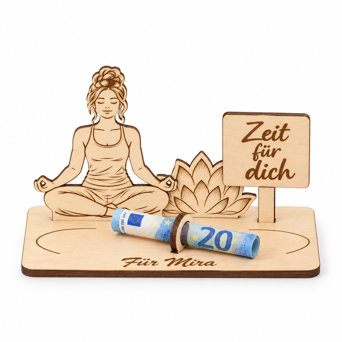 Yoga Geschenk: Yogafrau aus Holz mit Lotusblüte, Schild Zeit für dich und Gravur Für Mira
