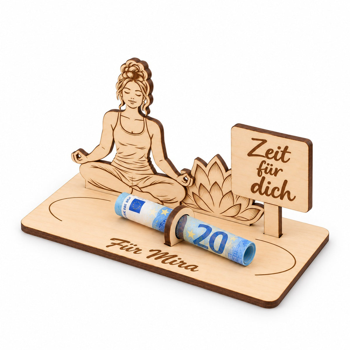 Geldgeschenk für Yoga-Fans aus Holz mit Schild, Ansicht von rechts