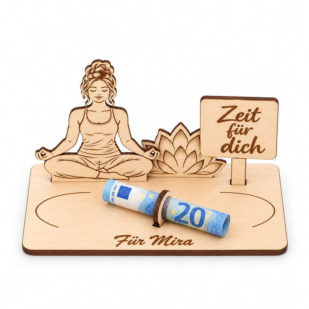 Yogafrau aus Holz als Geldgeschenk mit Namen, Ansicht von oben