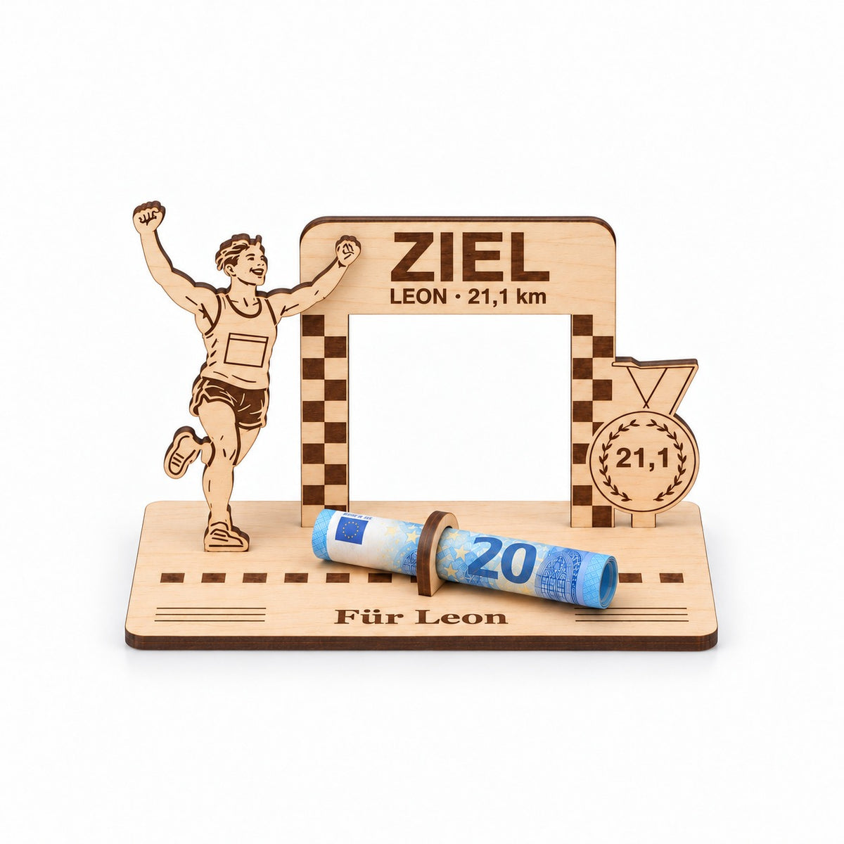 Geschenk für Läufer: Zieleinlauf aus Holz mit Zielbogen „ZIEL“, LEON – 21,1 km, Medaille 21,1 und Gravur Für Leon