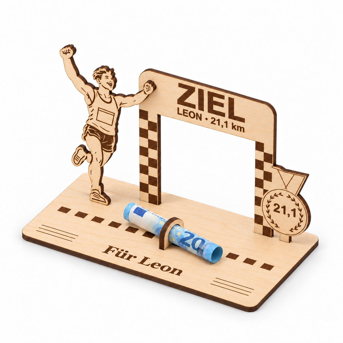 Zielbogen mit Medaille aus Holz als Geldgeschenk, Ansicht von rechts