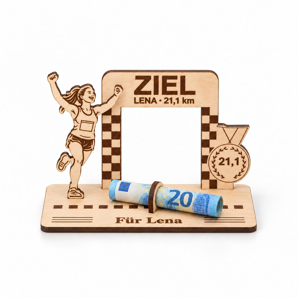Geschenk für Läuferinnen: Zieleinlauf aus Holz mit Zielbogen „ZIEL“, LENA – 21,1 km, Medaille 21,1 und Gravur Für Lena
