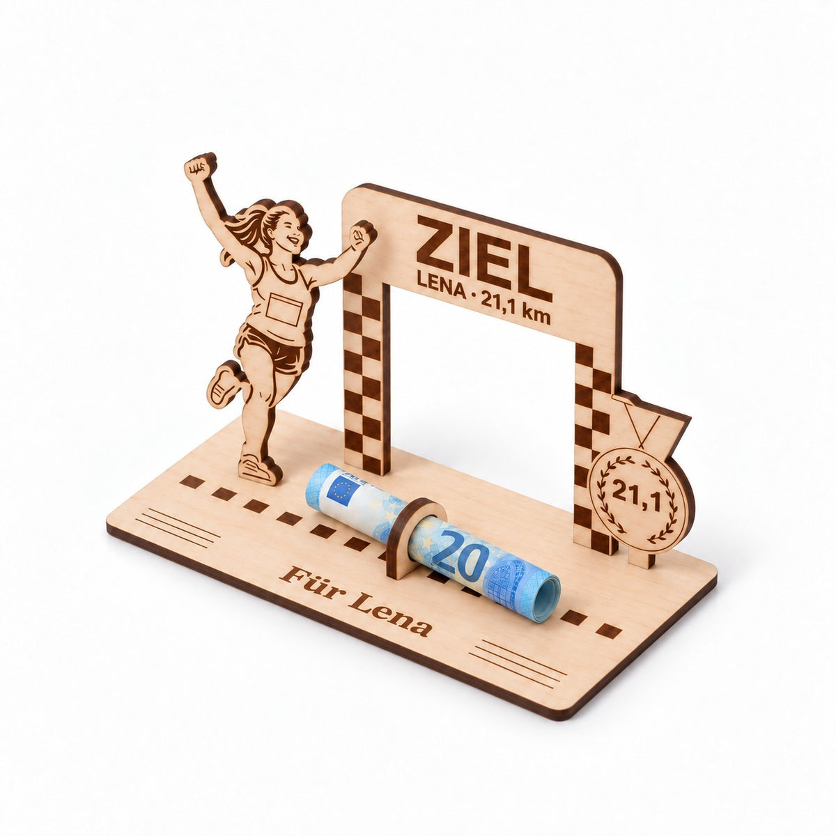 Zielbogen mit Medaille aus Holz als Geldgeschenk, Ansicht von rechts