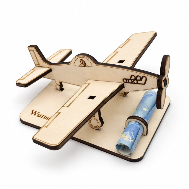 Flugzeug-Steckbausatz aus Holz mit Wunschtext und Geldscheinhalter.