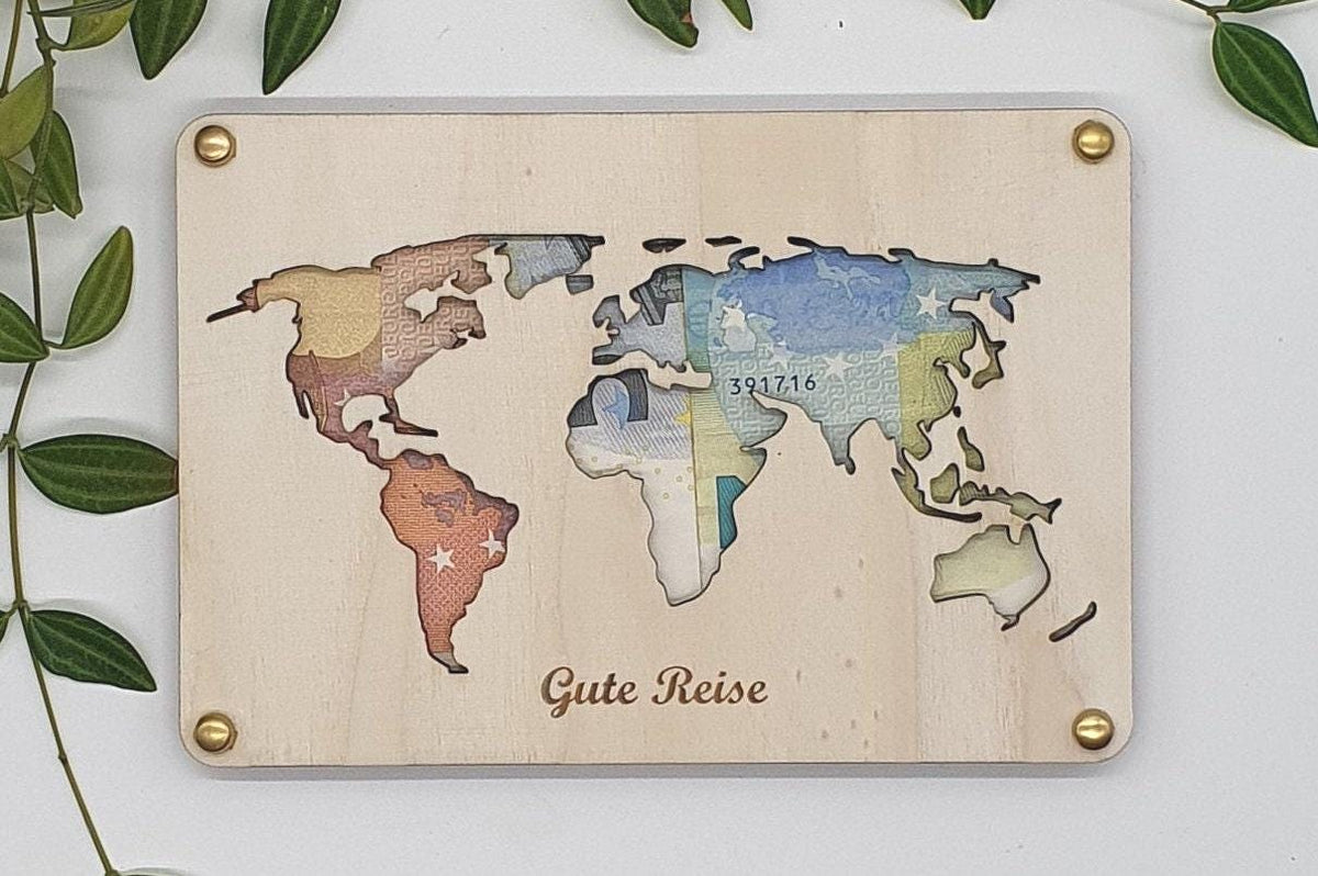 Weltkarte „Gute Reise“ aus Holz