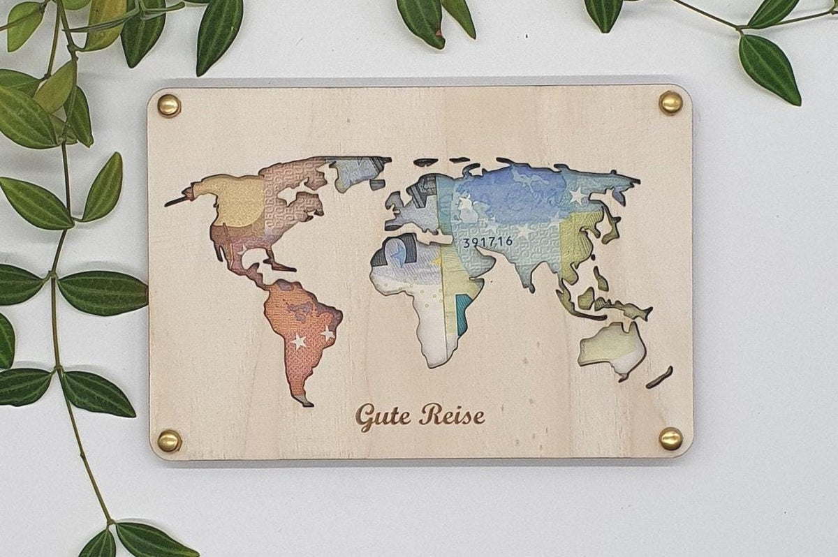 Weltkarte „Gute Reise“ aus Holz