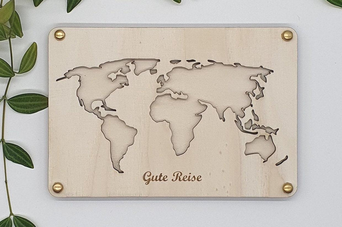 Weltkarte „Gute Reise“ aus Holz