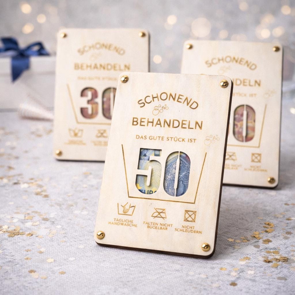 Personalisiertes Geldgeschenk zum runden Geburtstag aus Holz im Schonend-behandeln-Design