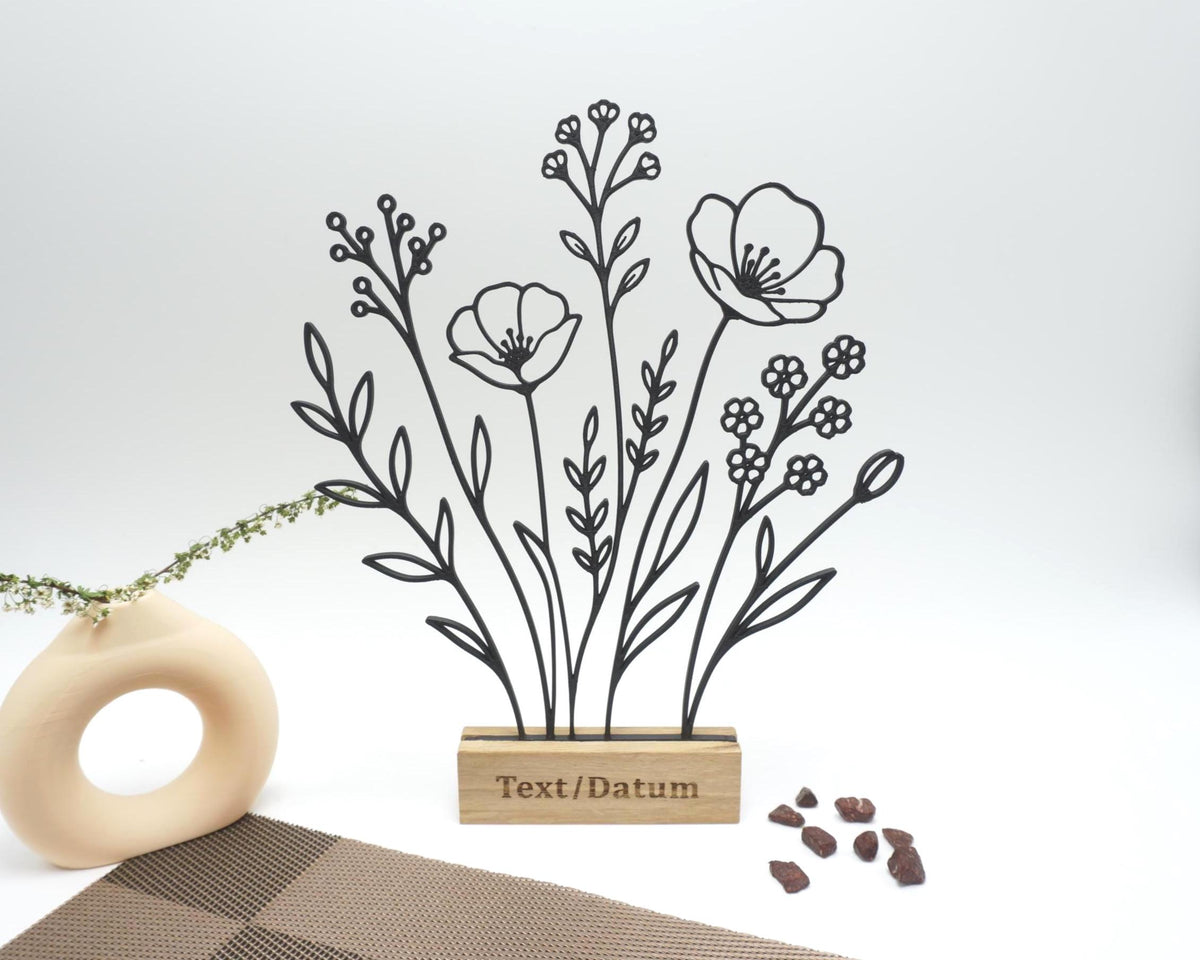 Line Art Blumenmotiv mit personalisiertem Eiche Sockel