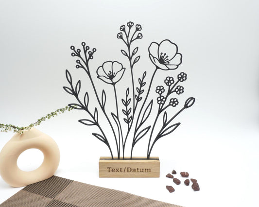 Line Art Blumenmotiv mit personalisiertem Eiche Sockel
