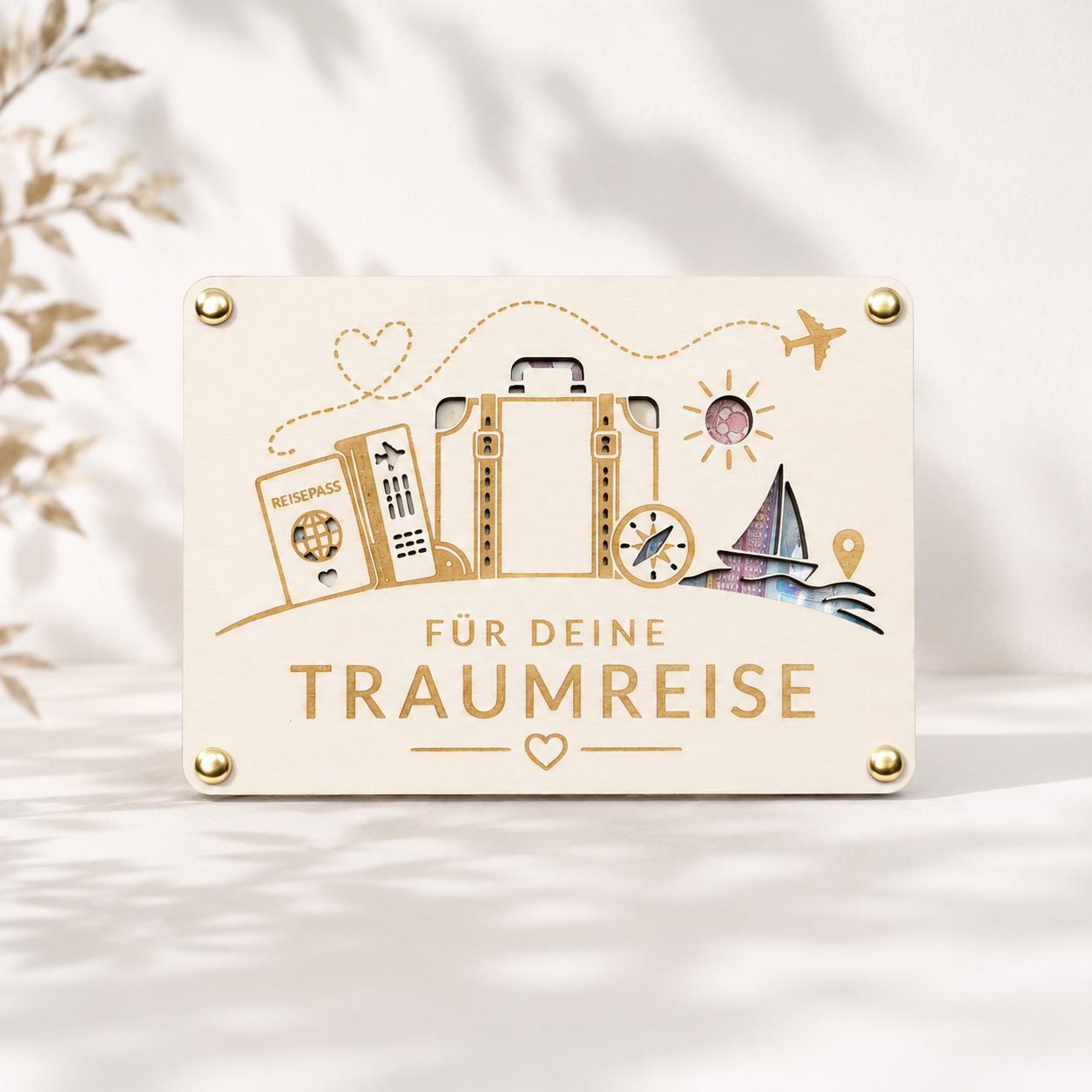 Personalisiertes Geburtstagsgeschenk aus Holz mit Weltkarte, Reise-Motiv und Wunschname