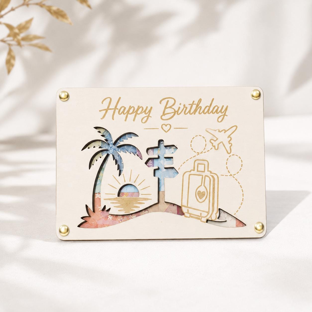 Happy Birthday Reise Geschenk aus Holz mit Palme, Sonnenuntergang, Koffer und Wunschname